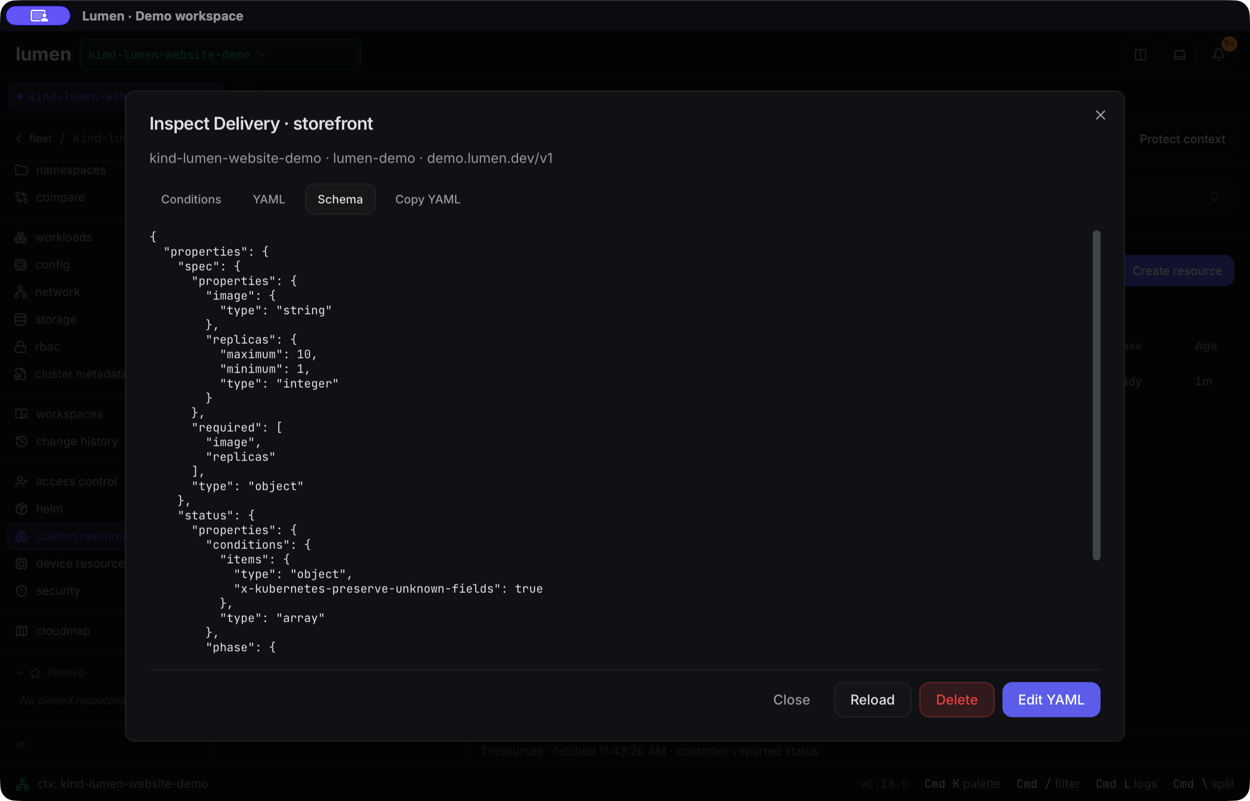 Lumen custom-resource inspector displaying the published schema for Delivery