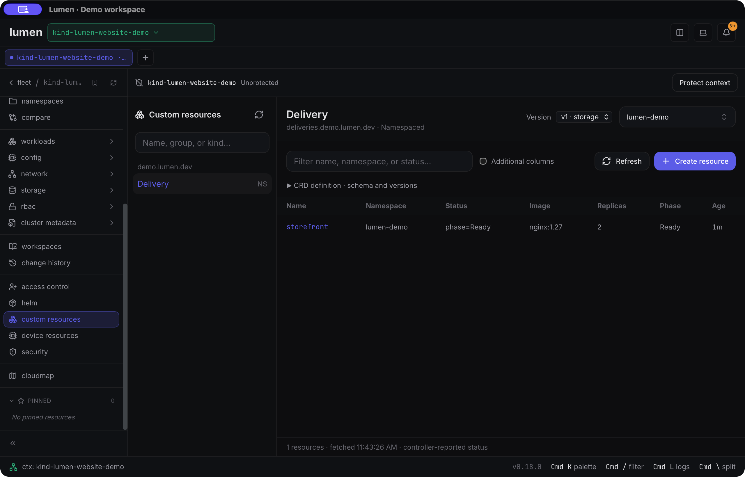 Real Lumen custom-resource explorer with the synthetic storefront Delivery and its printer columns